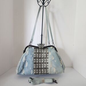 Rayaf Stressed Denim & Pearl W/ Rhinestone Butterfly Latch Purse